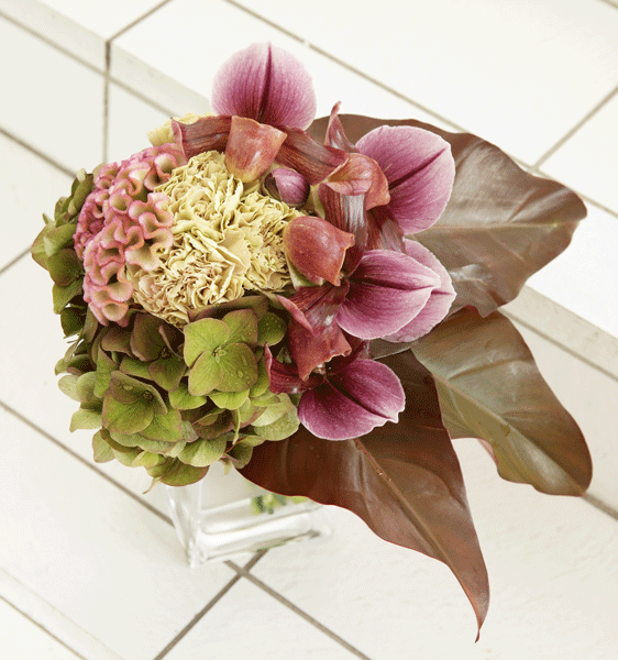 パフィオとカーネーション、ケイトウのモダンブーケ